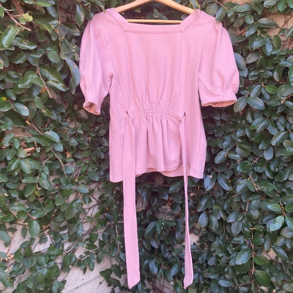Current Air Anthropologie Blush Pink Belted Tie Waist Puff Sleeve Blouse Top - Picture 5 of 8